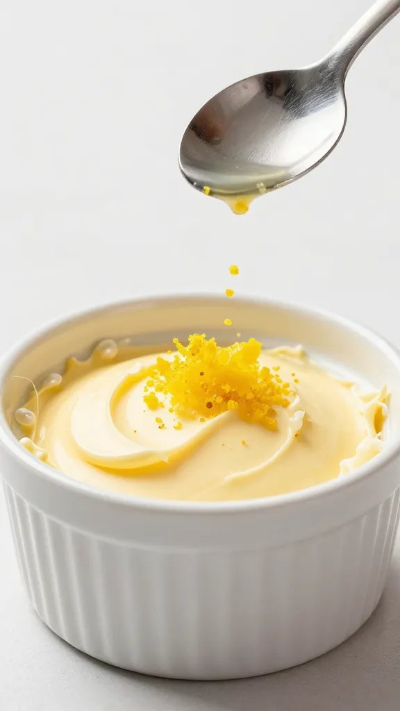 Microplane zest falling onto soft butter in ramekin