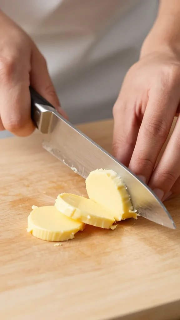 Chef’s knife slicing chilled butter coins on board