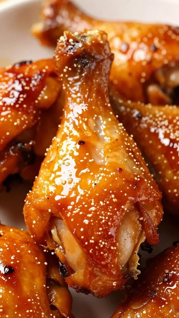 closeup glazed chicken drumstick with tacky caramelized skin