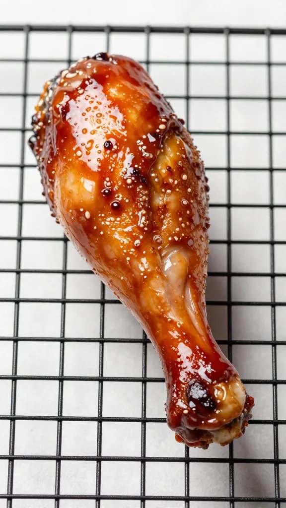 single drumstick on wire rack, glossy bbq glaze
