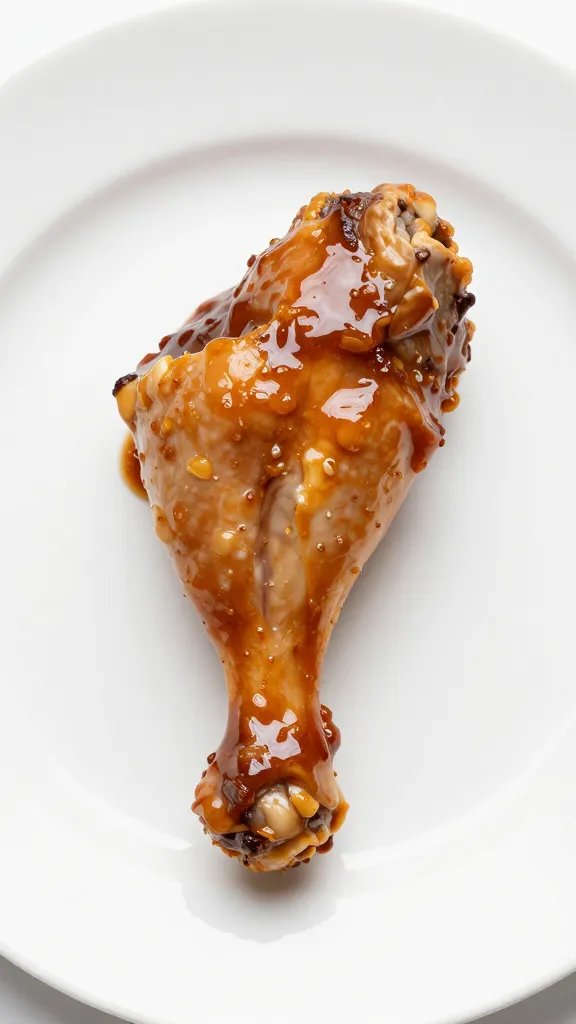single sauced drumstick on white plate, sticky sheen