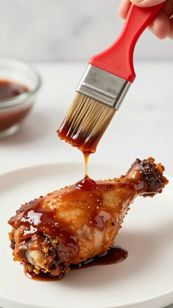 basting brush dripping bbq glaze over one drumstick