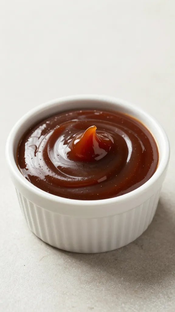 small ramekin of party-size bbq glaze, viscous swirl