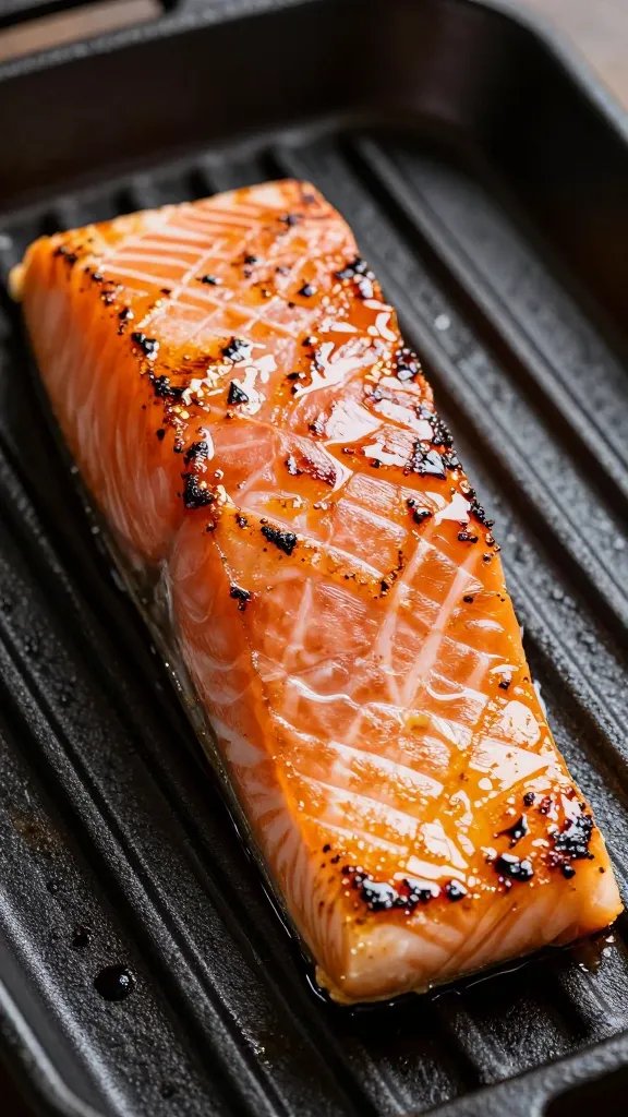 Closeup of glazed salmon fillet on cast-iron grill grates