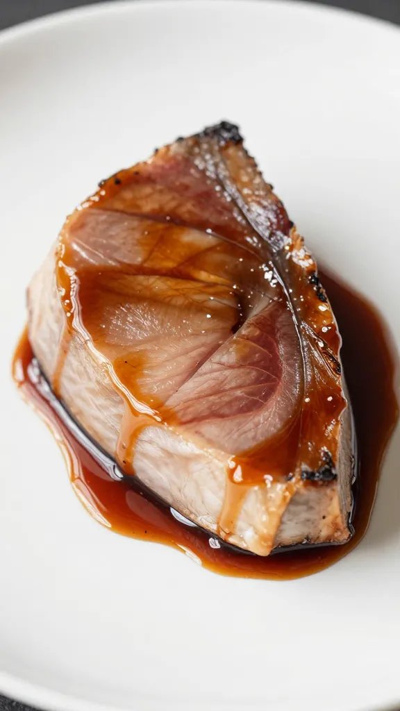Single tuna steak with glossy brown sugar soy glaze