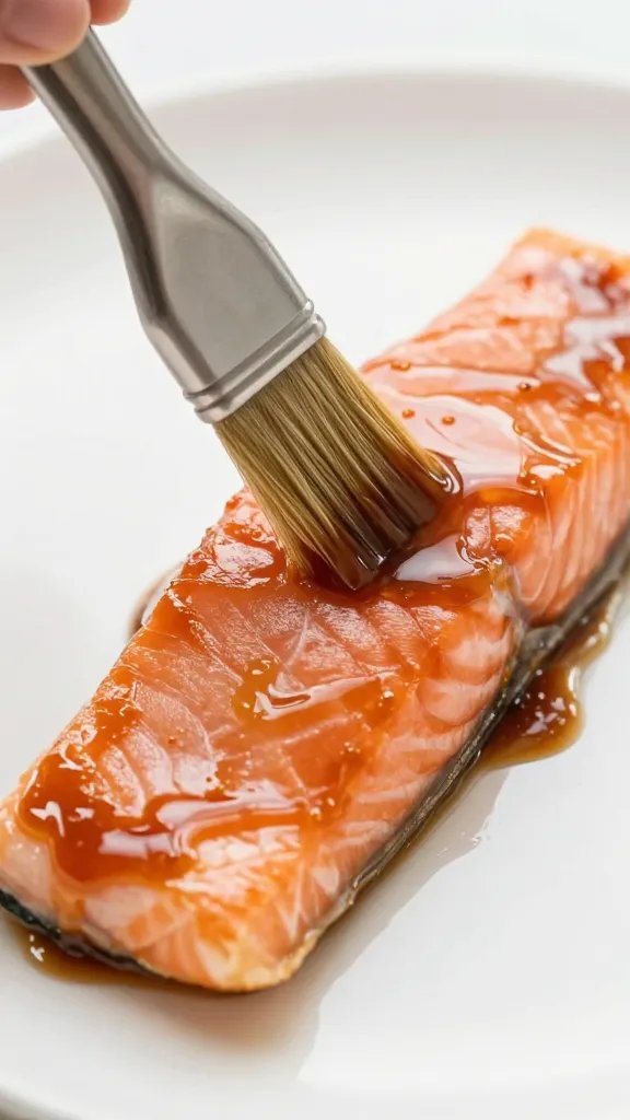 Brushing soy-brown sugar glaze onto salmon fillet
