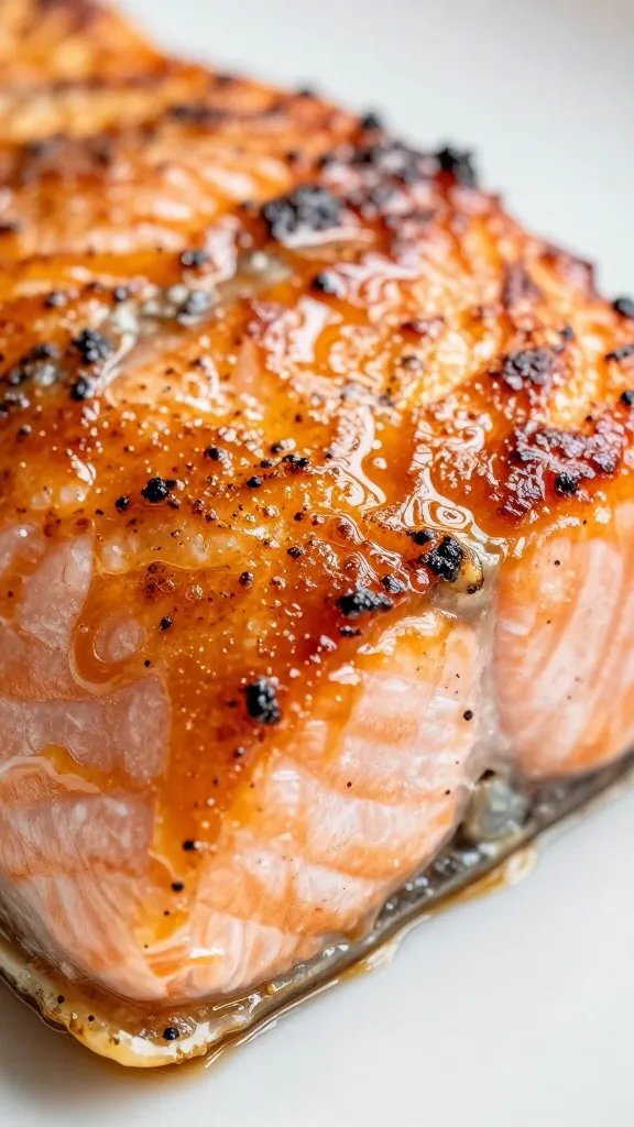 Caramelized edges on salmon, tight macro shot
