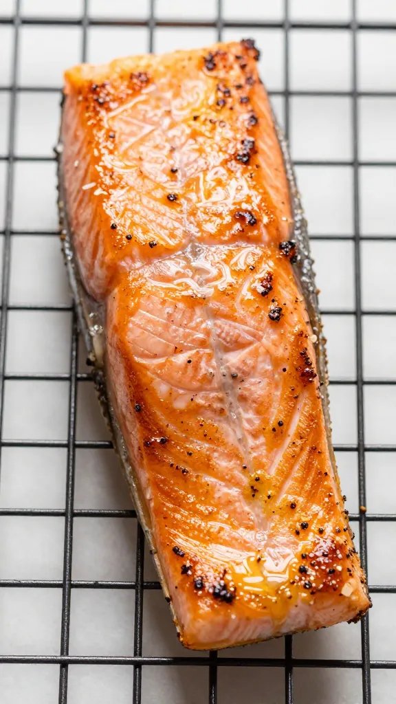Glazed salmon fillet resting on wire rack
