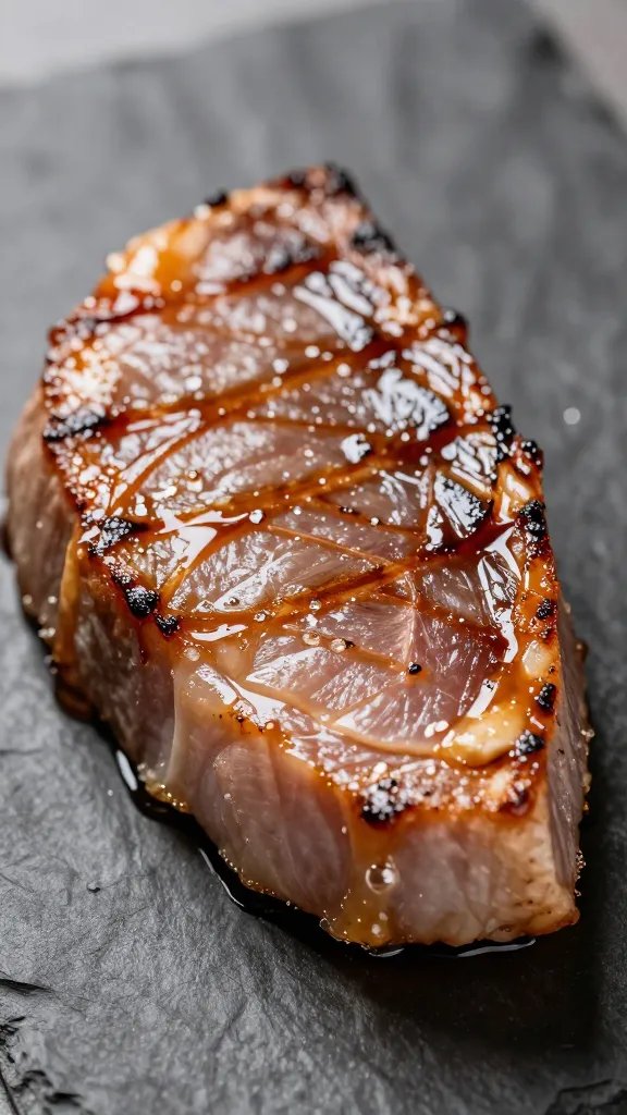 Tuna steak sear marks with lacquered glaze sheen