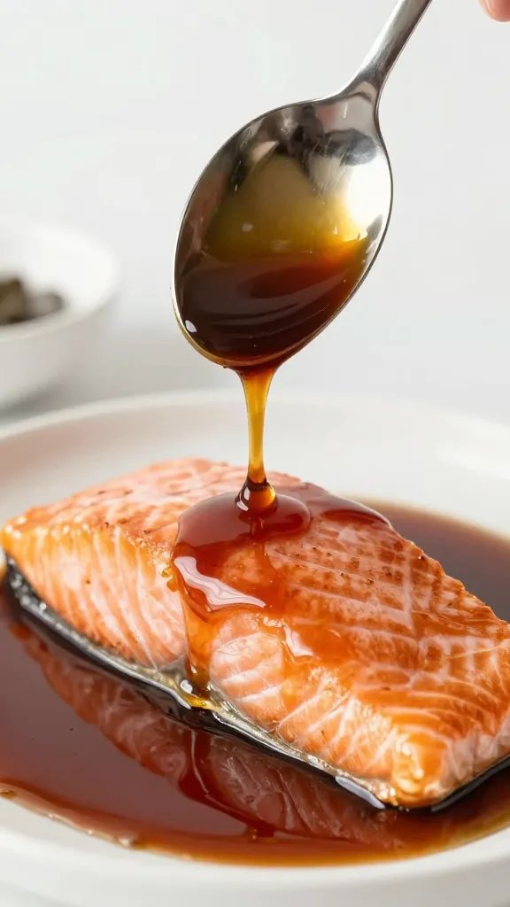 Spoon drizzling soy-brown sugar glaze over salmon