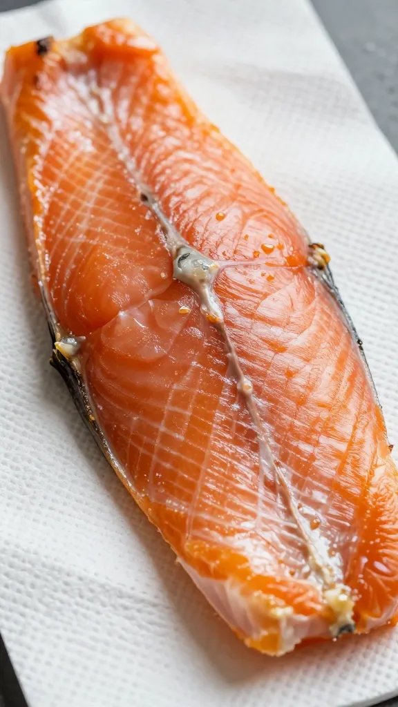 Pat-dried salmon fillet on paper towel, closeup texture