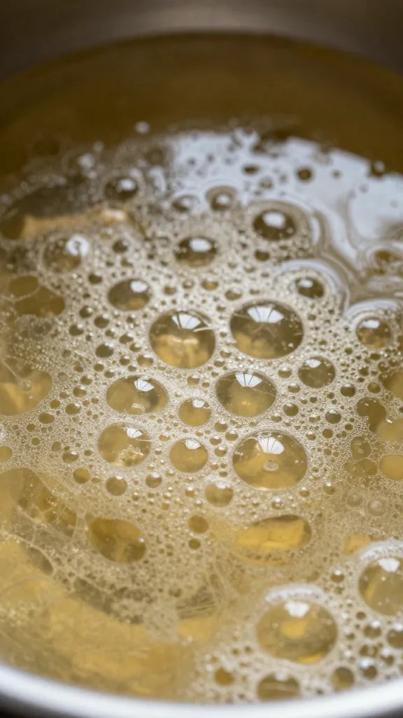 Bubbles on simmering glaze surface, shallow depth of field