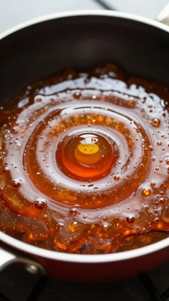 closeup of sriracha honey glaze in small saucepan, glossy