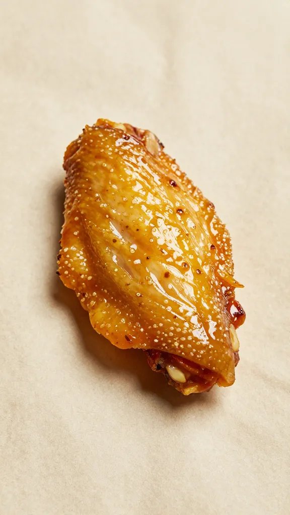 single glazed chicken wing on parchment, sticky sheen