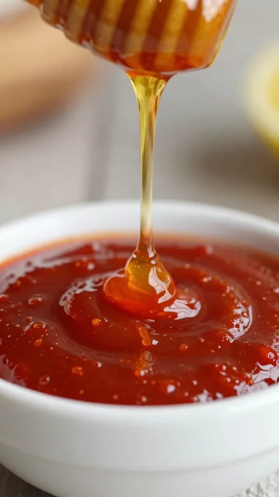 honey drizzling into sriracha bowl, tight macro