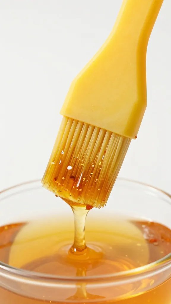 silicone brush loaded with spicy honey glaze, closeup