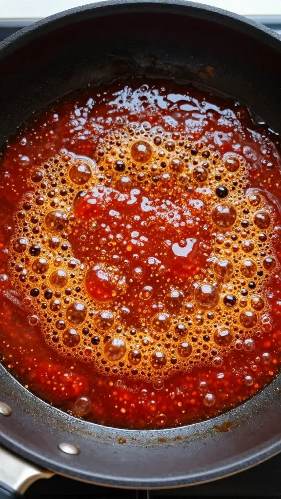 bubbling sriracha honey reduction in skillet, thick