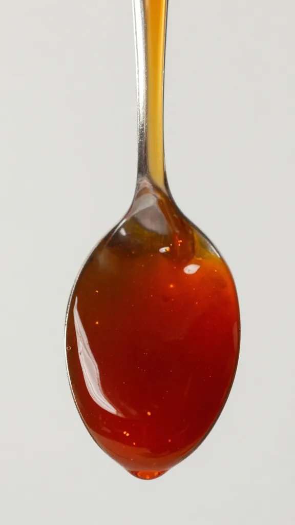 spoon coated with glossy sriracha honey, drip suspended