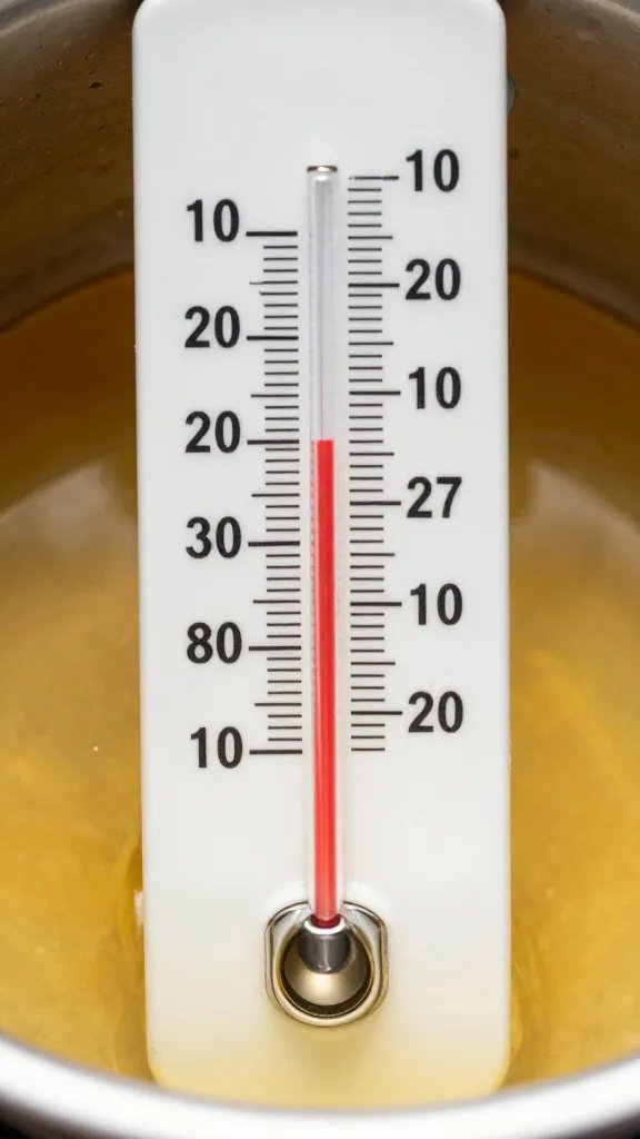 thermometer reading 215°F in simmering glaze, closeup