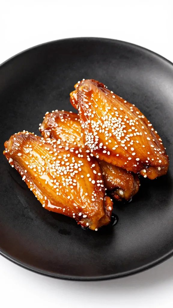 sesame-seeded glazed wing on matte black plate, tight
