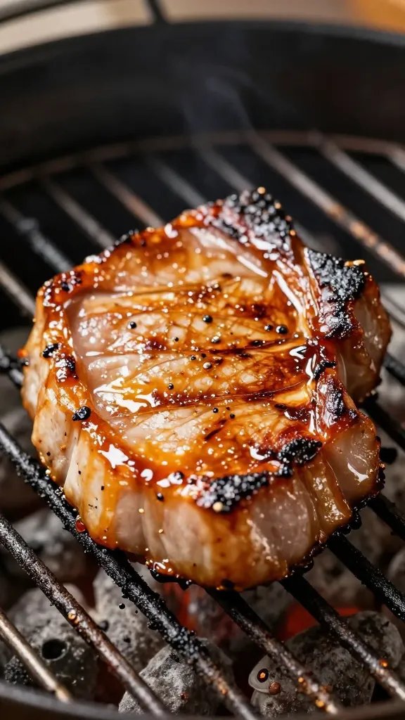 Closeup glazed pork chop on charcoal grill grates