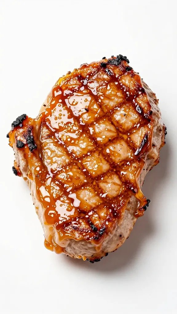 Single grilled pork chop with glossy maple-mustard sheen