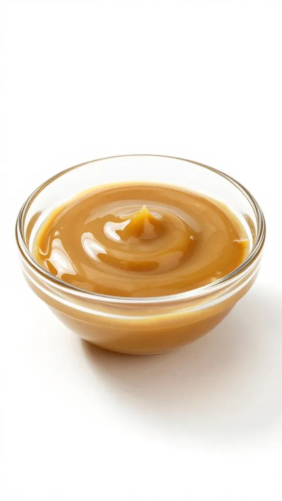 Small glass bowl of maple-mustard glaze, glossy surface