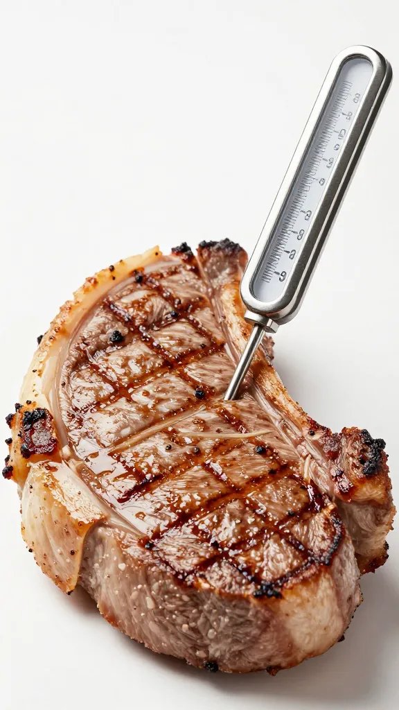 Meat thermometer inserted into grilled pork chop