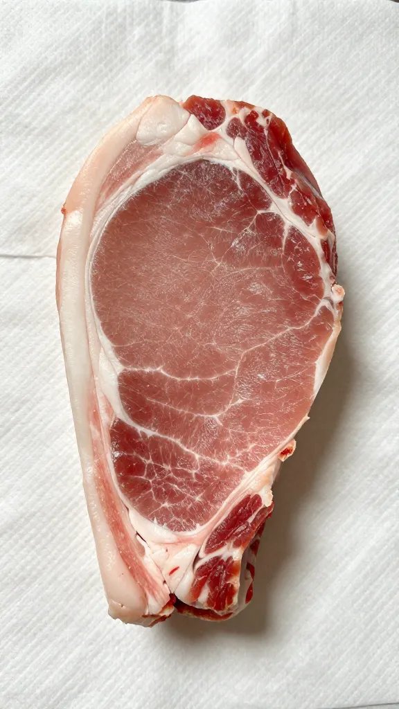 Pat-dried raw pork chop on paper towel
