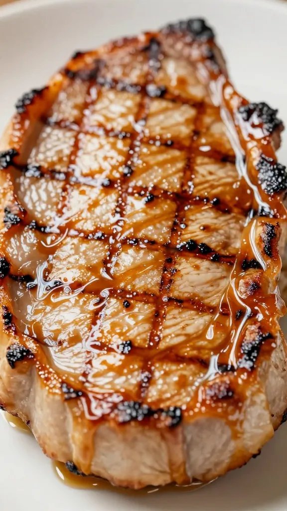 Caramelized grill marks on pork chop closeup