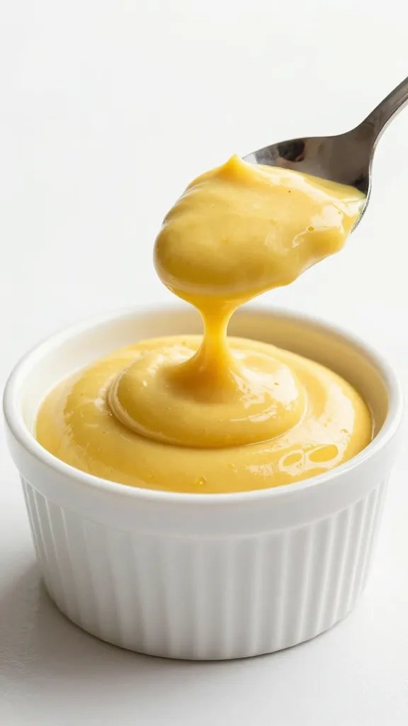 Dijon mustard spoonful, smooth swirl in ramekin
