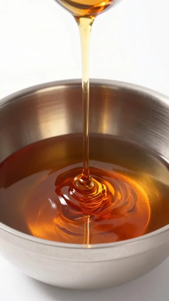 Pure maple syrup stream into stainless mixing bowl