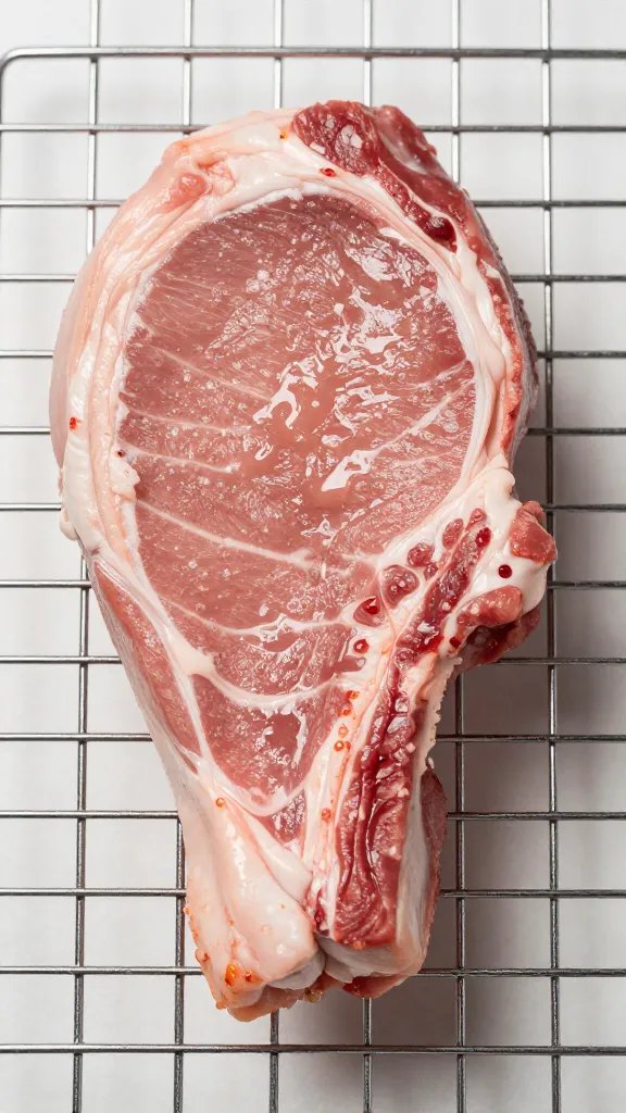 Single pork chop resting on wire rack, juices glistening