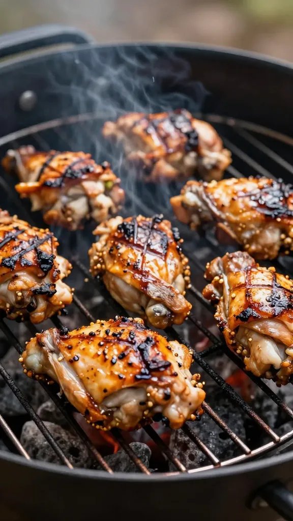 Glazed grilled chicken thigh on charcoal grill grate