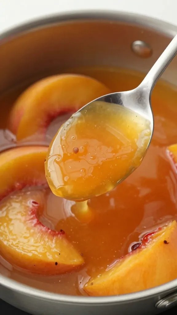 Saucepan of peach habanero glaze coating a spoon