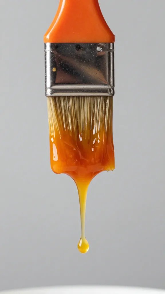 Closeup of basting brush dripping peach-habanero glaze
