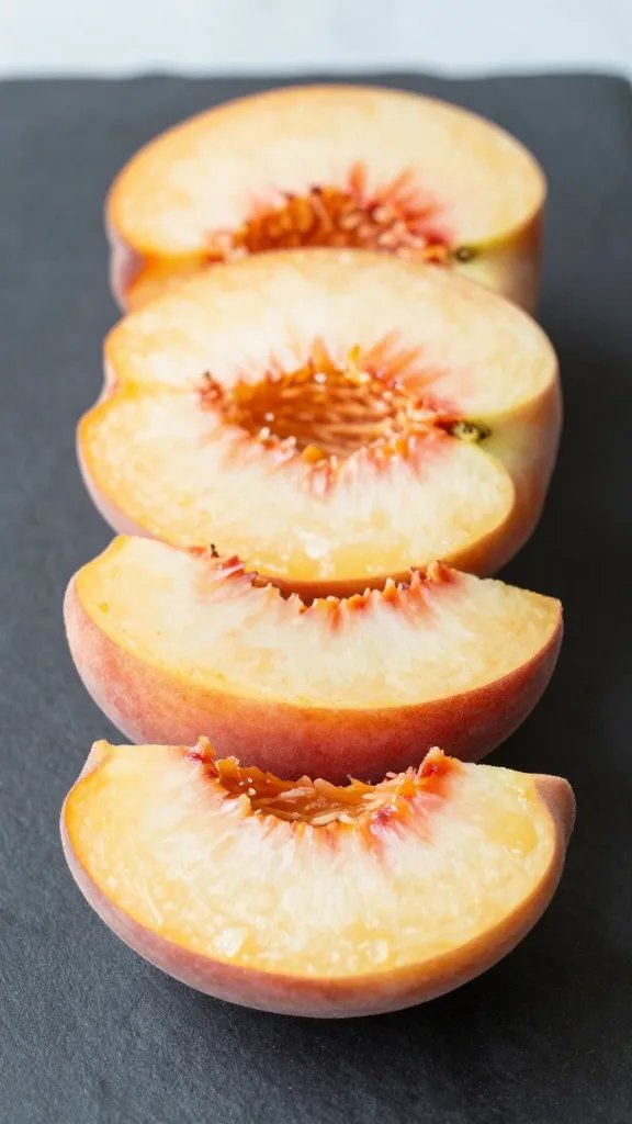 Sliced ripe peach on dark cutting board
