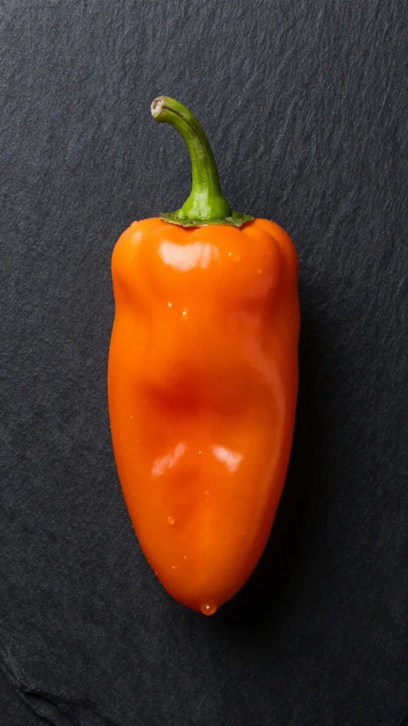 Single orange habanero pepper on black slate