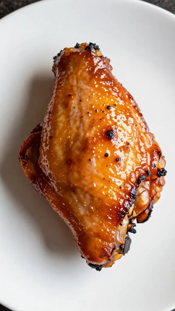 Glossy chicken thigh on white plate, charred edges
