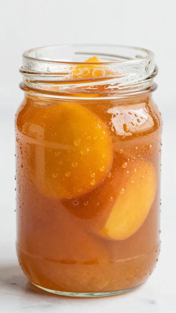 Mason jar of peach-habanero glaze, condensed droplets