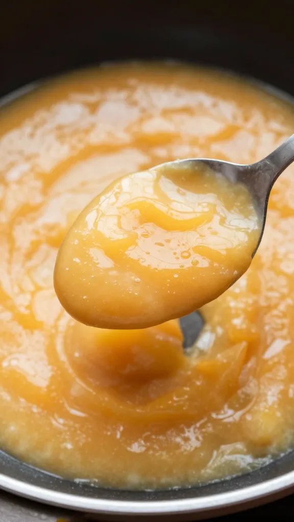 Spoonful of thick peach glaze held over pan