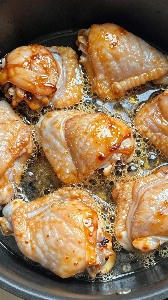 Chicken thigh skin sizzling, glaze caramelizing bubbles