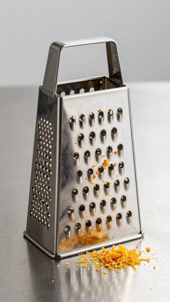 Microplane grater with peach zest on stainless surface
