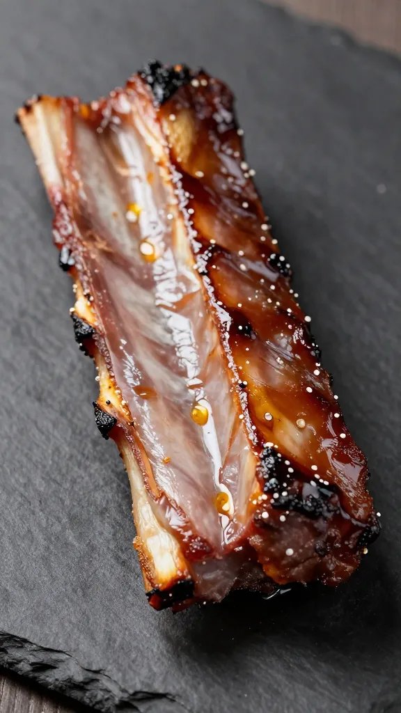 closeup of glazed smoked rib slice on dark slate