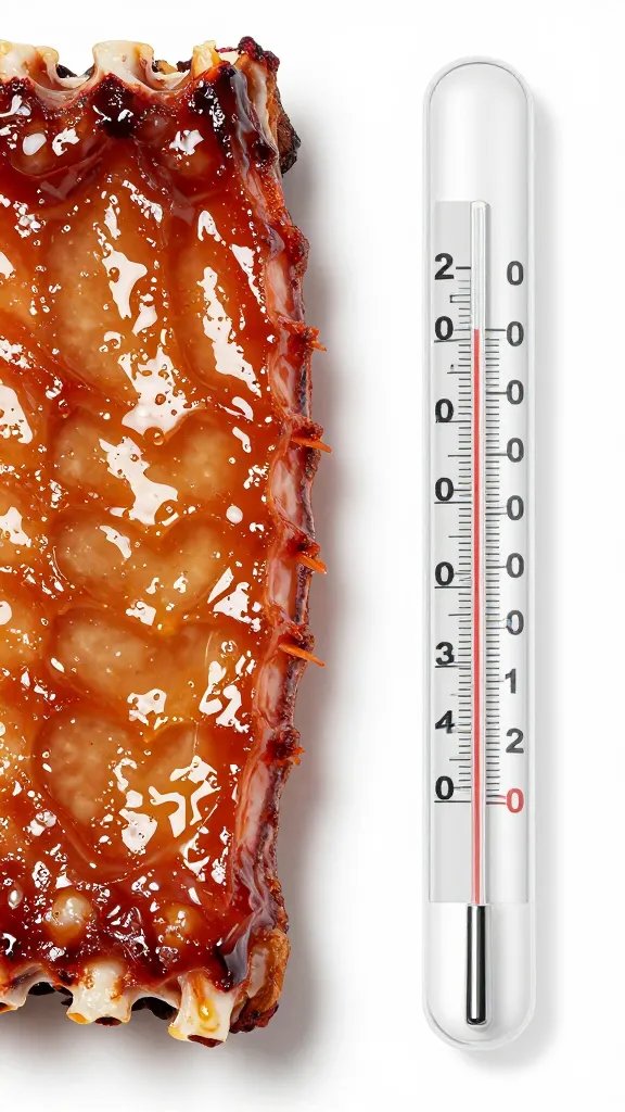 thermometer probe in rib beside wet glaze shine