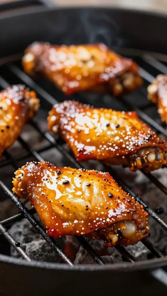 closeup of honey chipotle glazed wing on charcoal grill grate