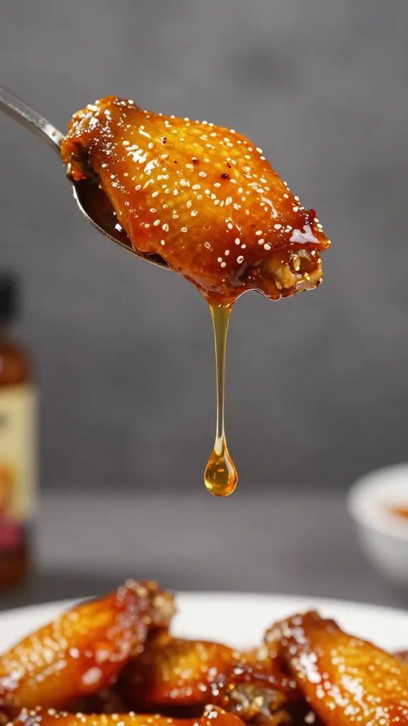spoon dripping honey chipotle glaze over one wing