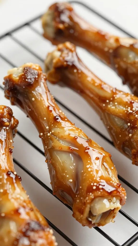 closeup of glaze-coated drumstick on wire rack, resting