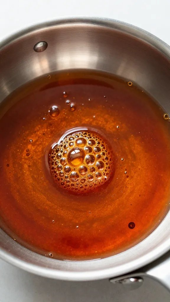 stainless sauce pan of honey chipotle glaze, single bubble pop