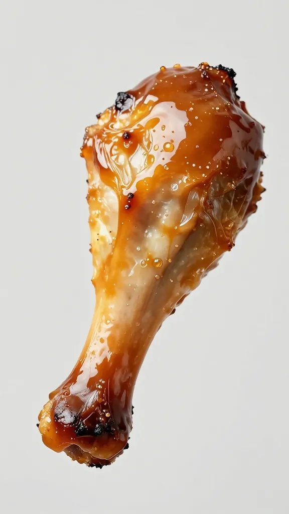 closeup of caramelized glaze on one drumstick, charred tips